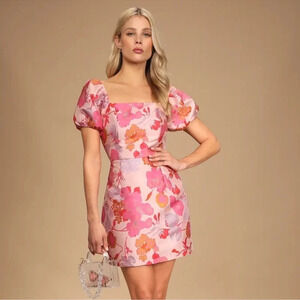 So Stunning Orange Multi Floral Jacquard Puff Sleeve Mini Dress Lulus Size S NEW